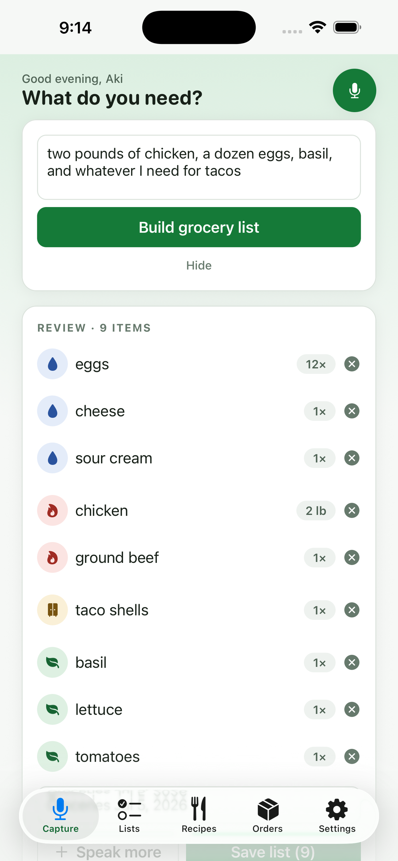 Voice capture parsed into a categorized grocery list
